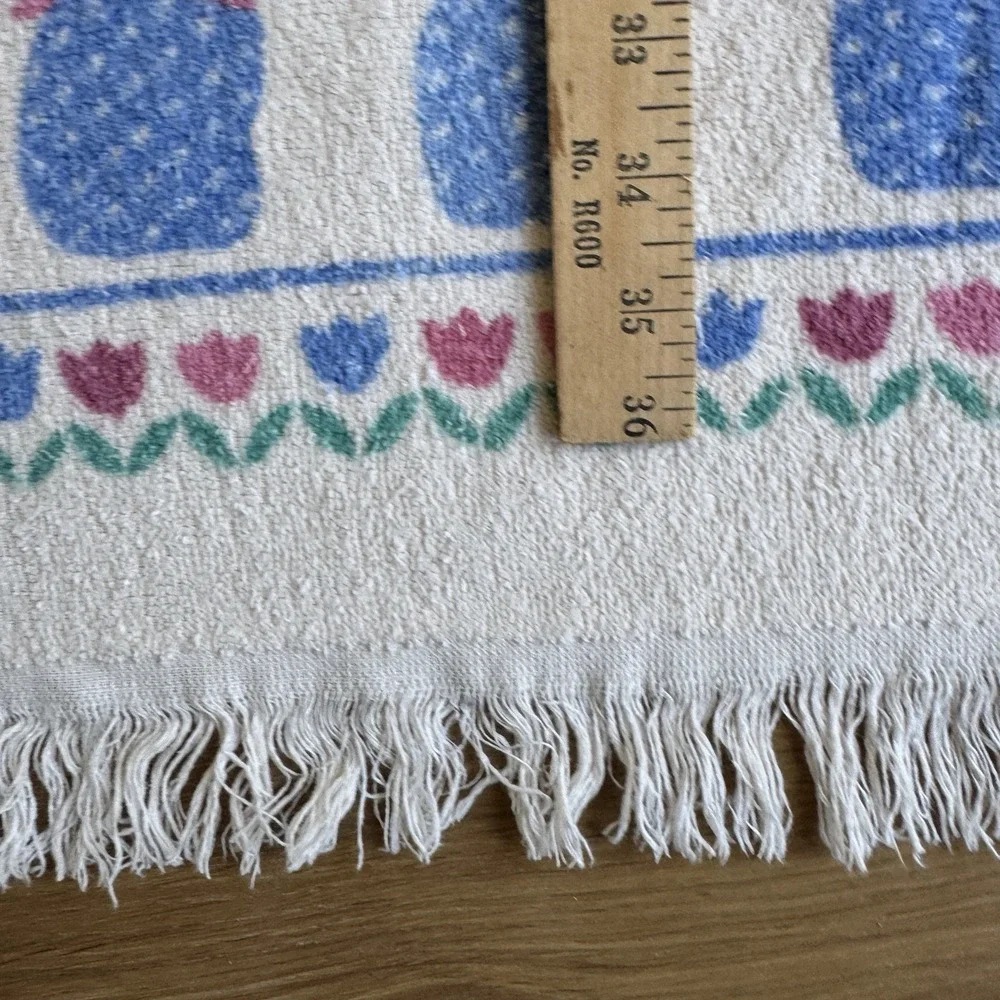 Vintage Cottage Cannon Bath Towel Blue Cat Pink Floral Fringe Retro USA 80s 90s